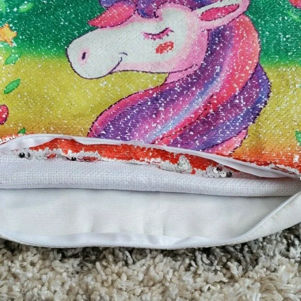 Kids Teen Unicorn  Rainbow Sequin Pillow Cover 16 x 16 New Without Tags